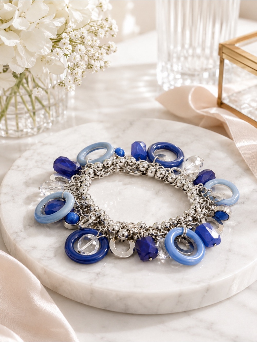 Bracelet Bead Disc Charm Silver Stretch Bohemian festival Blue Silver Tone NWT